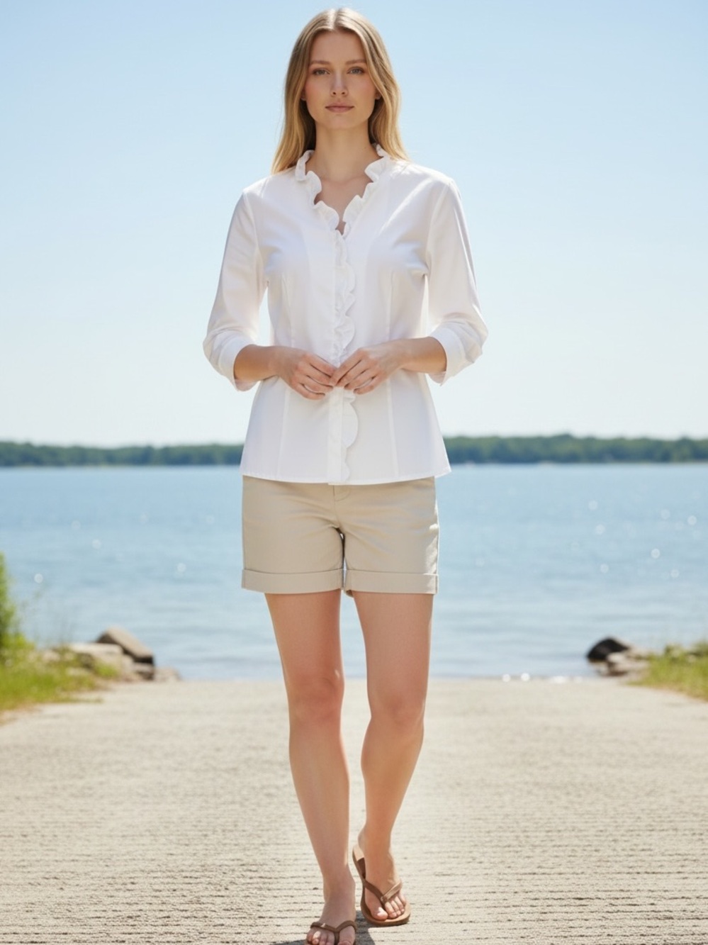 Orvis White Ruffle Button Down Shirt Women’s Size 16